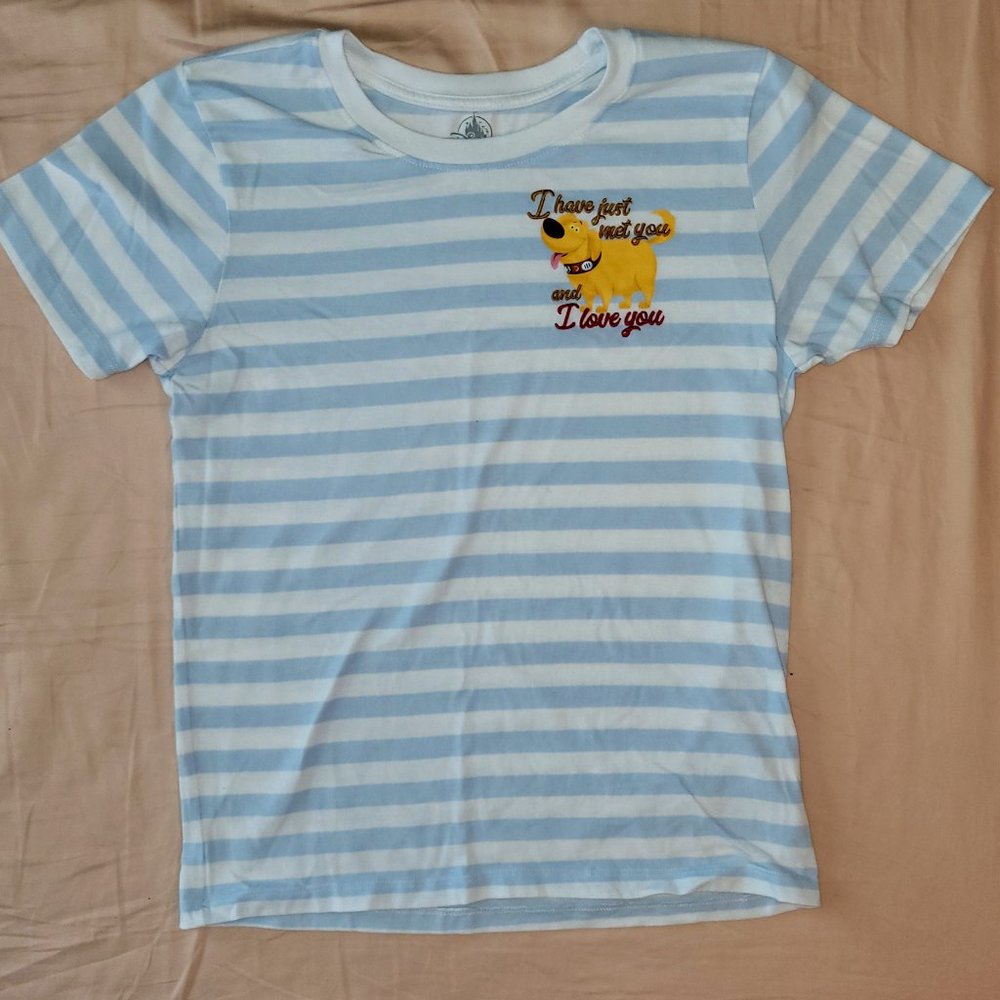Disney's Up's Dug T-shirt Blue Striped Short Sleeve Embroidered Junior Size M